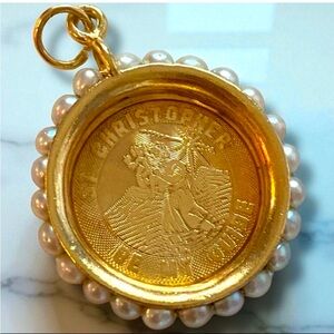 Rare Vintage 14K Yellow Gold ST. CHRISTOPHER Pearl Encrusted Round Pendant